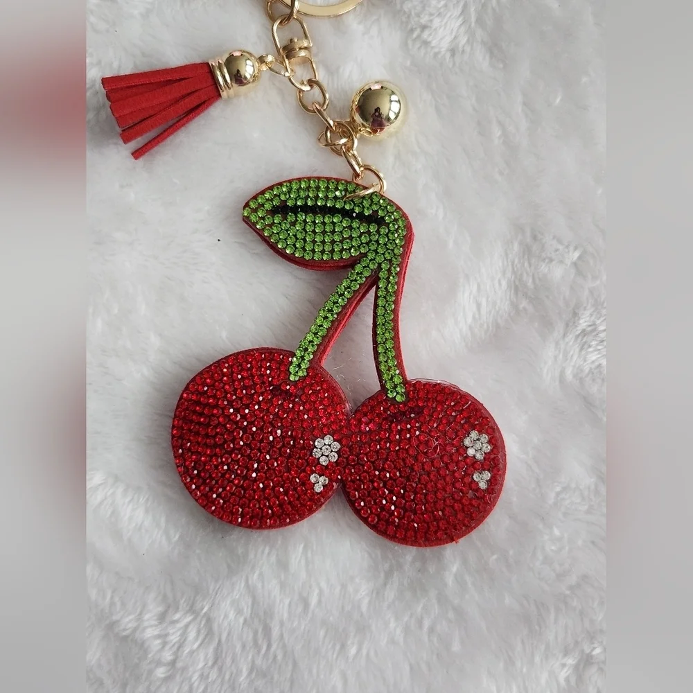 Cherry Keychain with Red and Green Rhinestones Beautiful Bag Charm